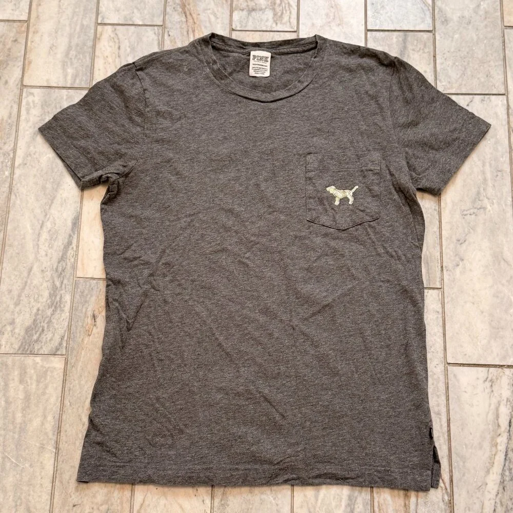 PINK Victoria's Secret women's XS (Oversized) gray w/gold sequins Pocket t-shirt - Picture 4 of 5